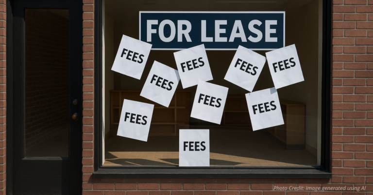 Storefront with hidden fee papers symbolizing business struggles