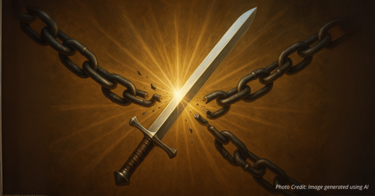 Sword breaking chains, symbolizing freedom through God’s Word