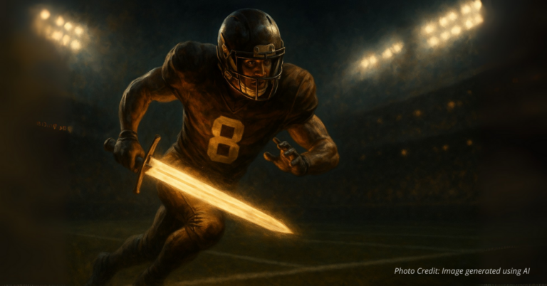 Football player runs with glowing sword symbolizing Scripture as victory