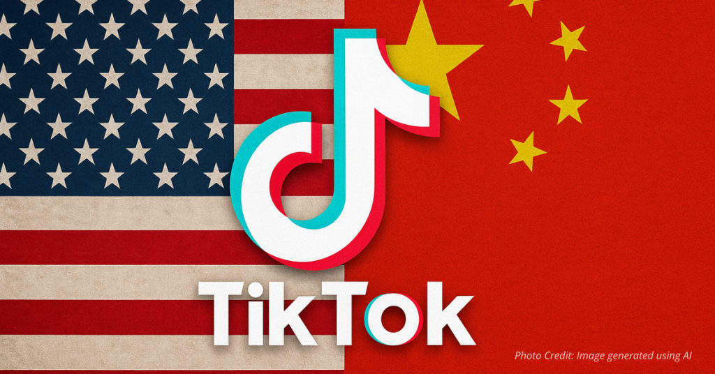 TikTok logo between U.S. and Chinese flags showing tech tensions
