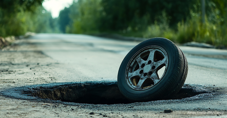 Dislodged tire beside a deep pothole on a rural road