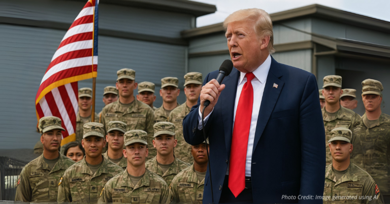 Trump addressing National Guard soldiers with flag