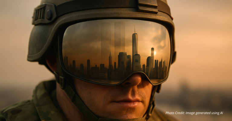 Soldier’s helmet visor reflecting NYC skyline and faint Twin Towers.