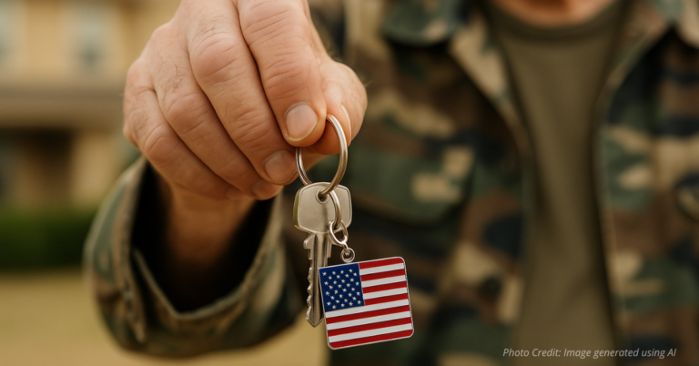 Veteran holding keys with American flag keychain symbolizing housing support