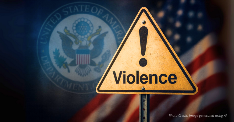 Warning sign about violence with State Department seal and American flag