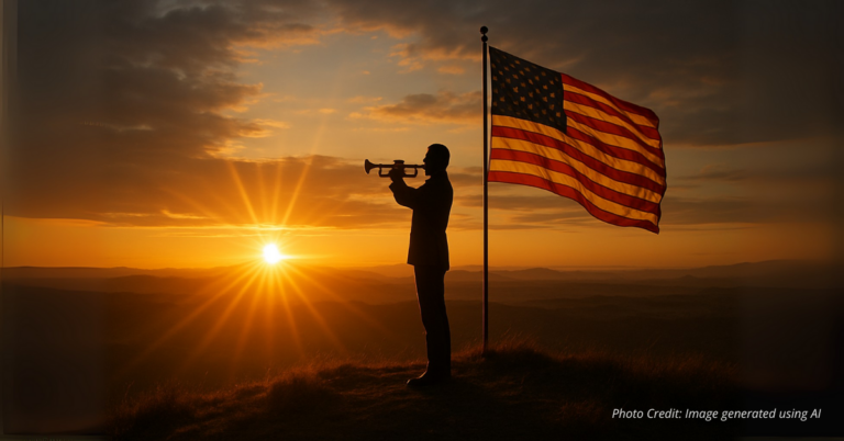 Lone man with trumpet and American flag at sunrise symbolizing call to freedom