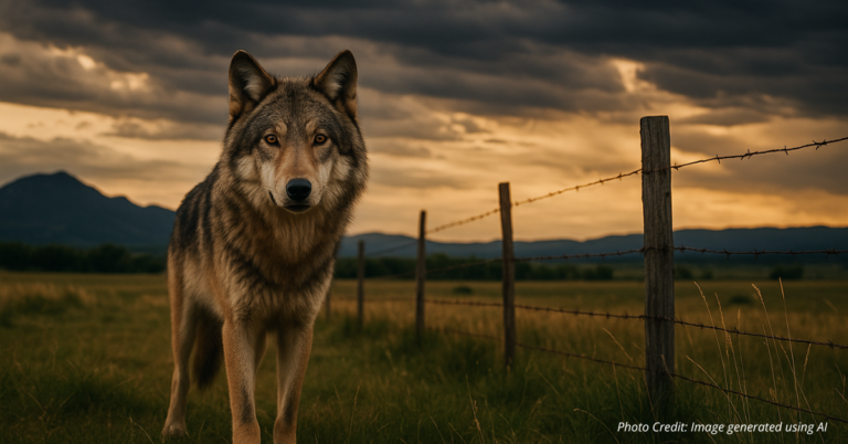 Gray wolf near pasture fence showing conflict between ranching and wildlife