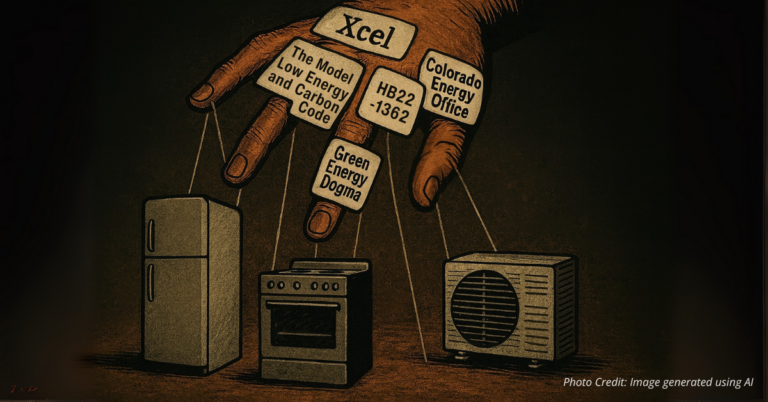 Hand labeled with Xcel, HB22-1362, and green energy dogma pulling appliance strings