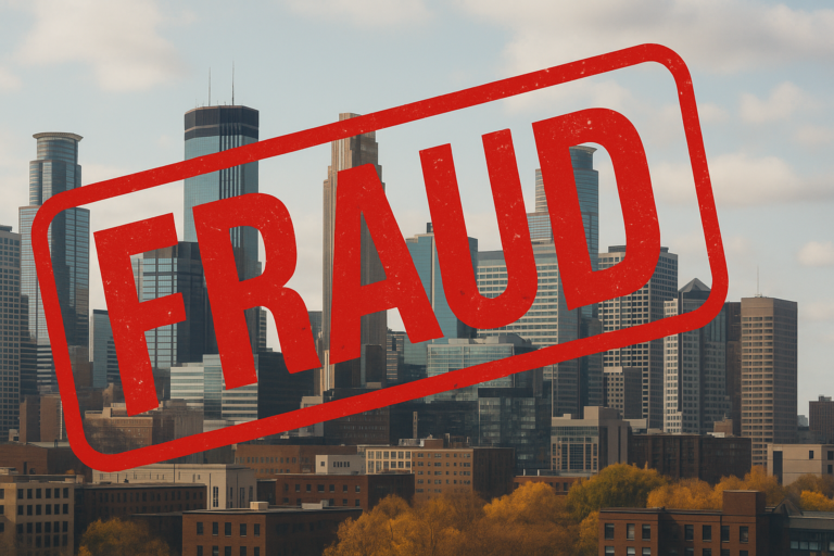 Minneapolis skyline stamped with “Fraud” highlighting immigration scandal