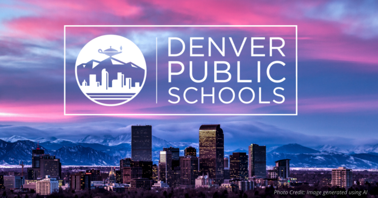 Denver Public Schools logo over the city skyline with mountains in the background