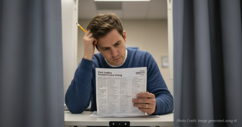 Voter fills out ranked choice ballot in a Fort Collins polling booth.