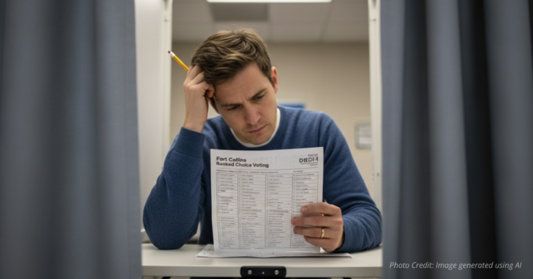 Voter fills out ranked choice ballot in a Fort Collins polling booth.