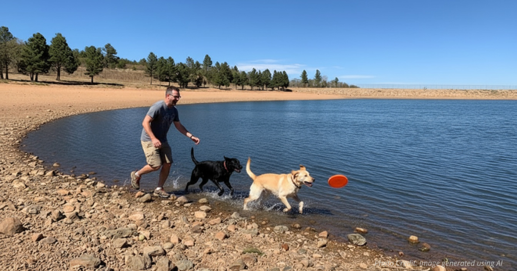 Man playing fetch with two dogs.