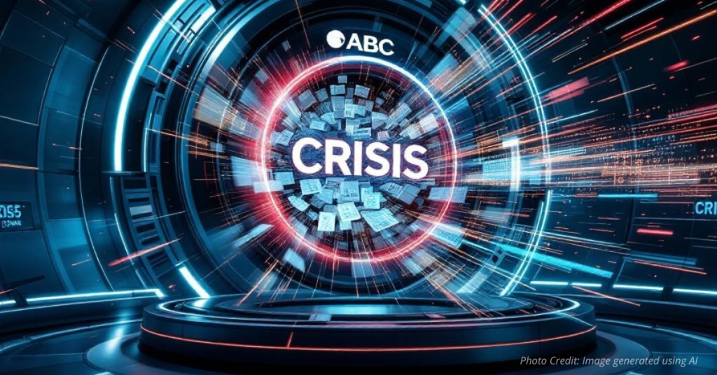 ABC logo as gears in a machine printing newspapers labeled “Crisis.”