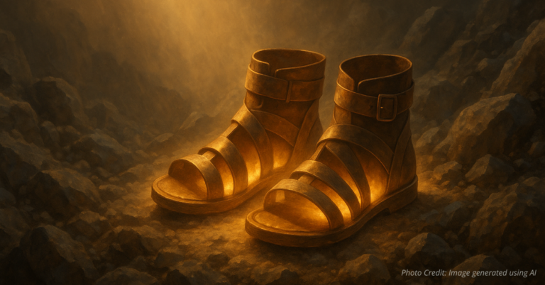 Glowing sandals on rocky mountain path under sunlight