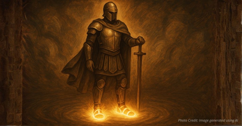 Spiritual armor with glowing shoes symbolizing readiness and peace