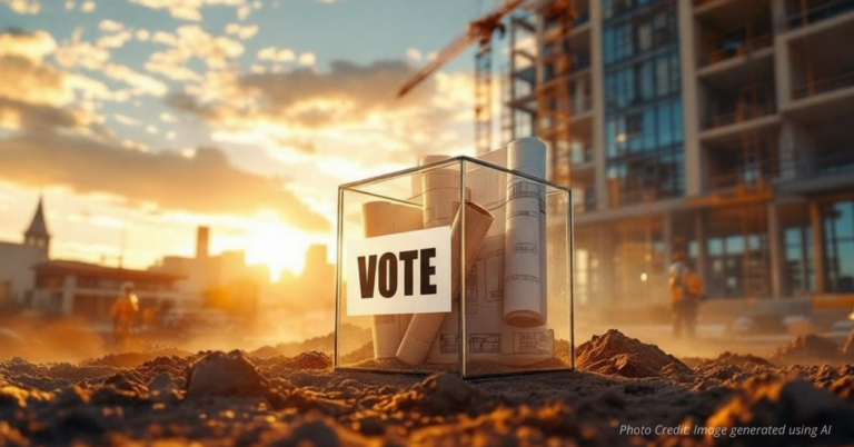 Aurora ballot box merging with a downtown construction site symbolizing redevelopment