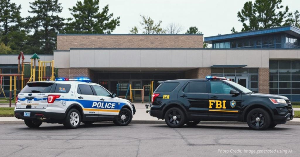 Aurora police and FBI vehicles parked near school building