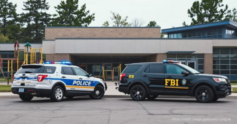 Aurora police and FBI vehicles parked near school building