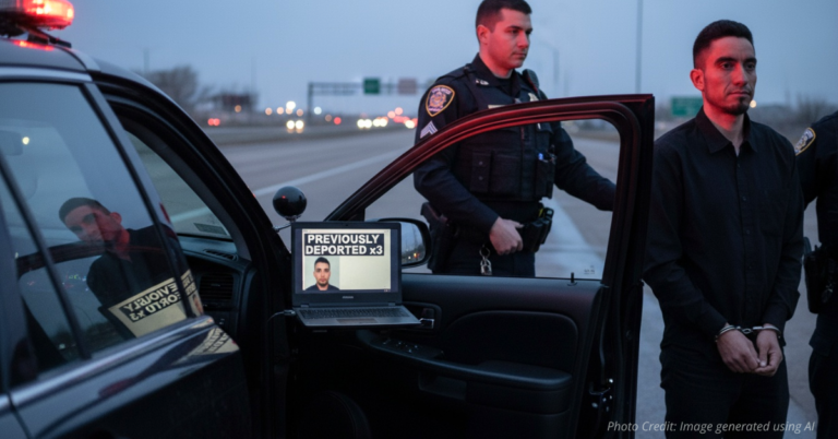 Aurora police vehicles with flashing lights on I-225 at dusk.