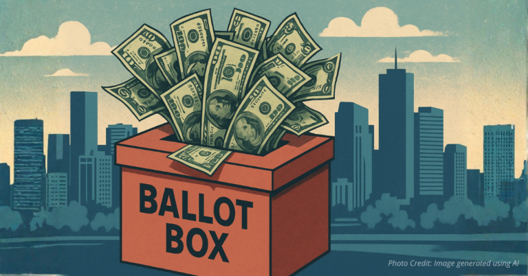 Ballot box filled with dollar bills not votes
