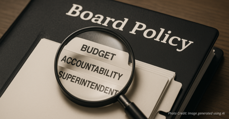 Magnifying glass highlights Board Policy tabs Budget Accountability Superintendent