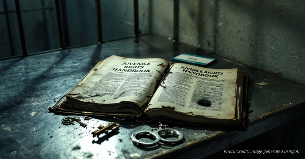 Torn “Juvenile Rights” book on detention desk