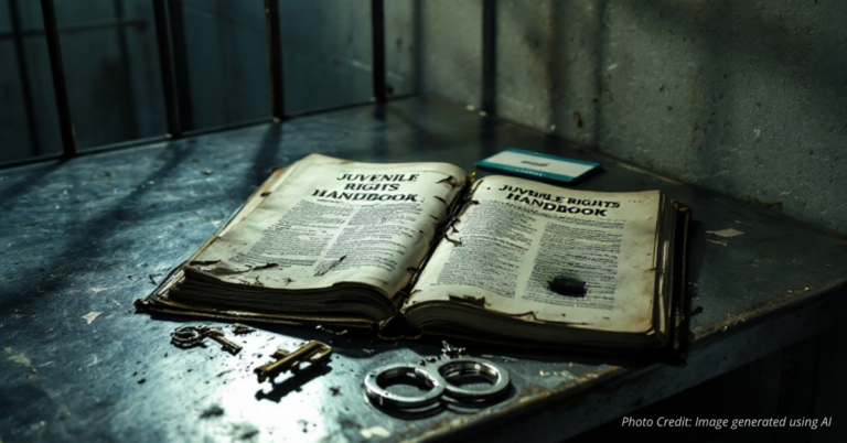 Torn “Juvenile Rights” book on detention desk