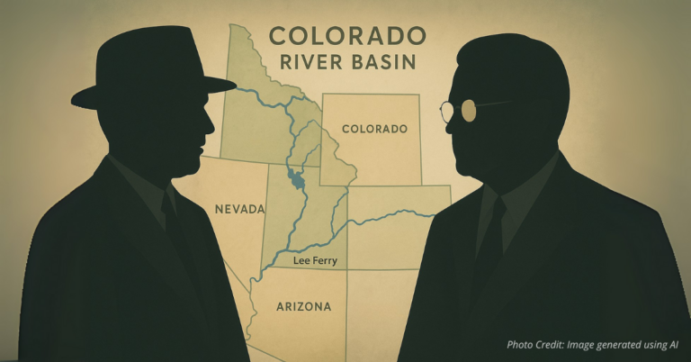 Silhouettes of Delph Carpenter and Herbert Hoover over a river map