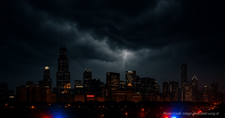 Stormy Chicago skyline symbolizing rising gang violence Image description: Represents Chicago’s ongoing struggle with cr