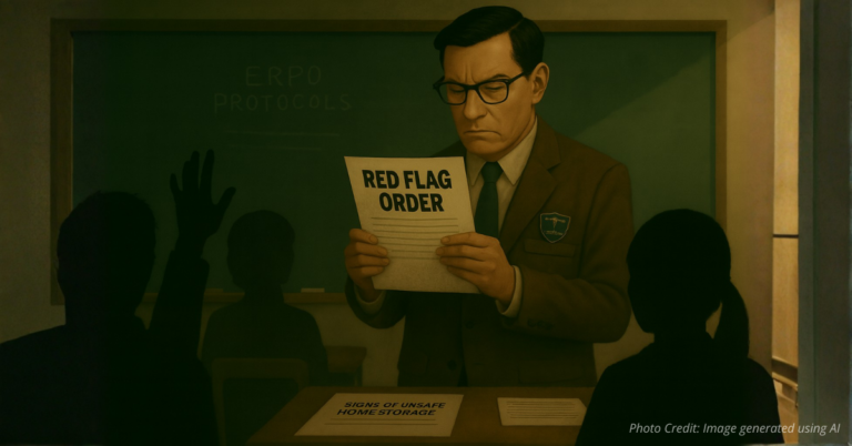 Teacher in classroom reviewing ERPO form with shadowy students