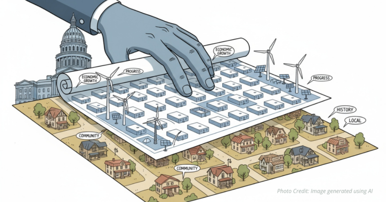 Colorado State Capitol unrolling blueprints over neighborhoods