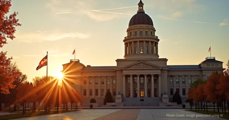 Colorado State Capitol at sunrise with flag waving before election season