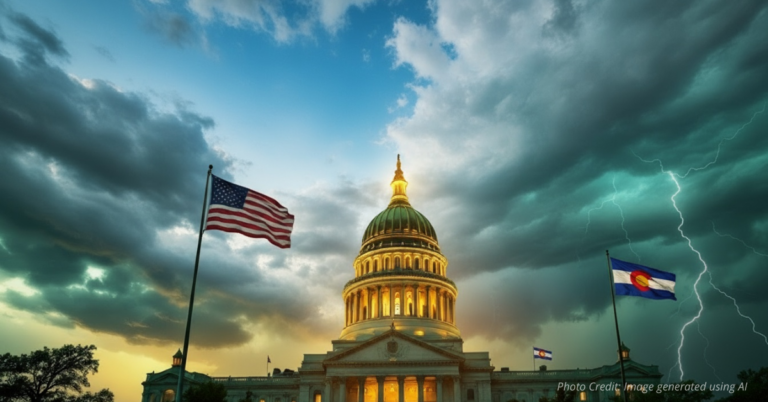 Colorado State Capitol with storm clouds gathering behind