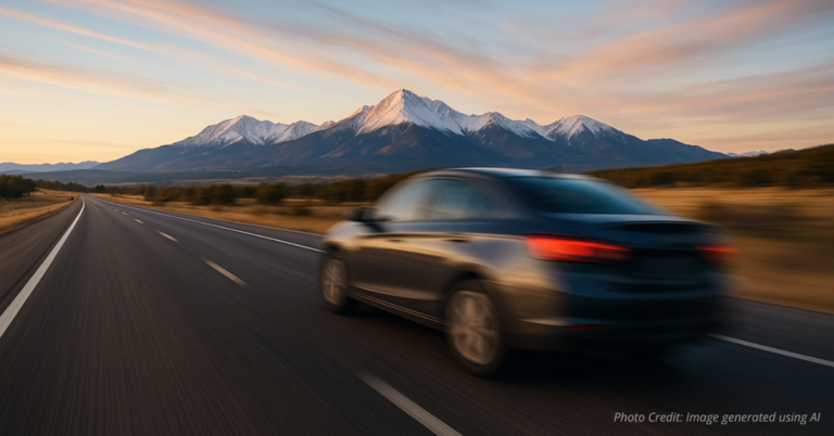 Blurred car speeding down highway symbolizing vehicle theft and pursuit