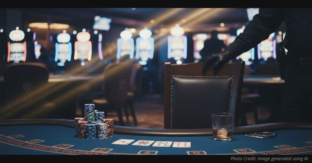 Empty chair at a Colorado casino table symbolizing a lifetime ban.