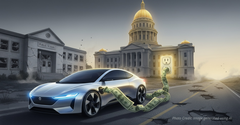 Electric car plugged into Colorado Capitol outlet with money flowing like electricity.