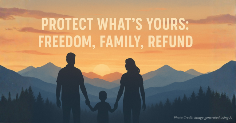 Family silhouette over Colorado sunrise with freedom message