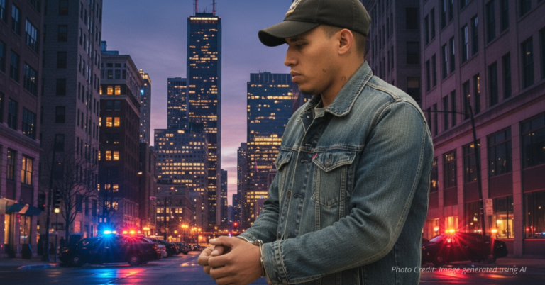 Handcuffed suspect over Chicago skyline with police lights.
