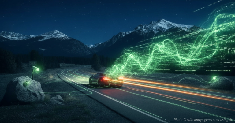 Car driving at night with binary code trail representing data tracking.