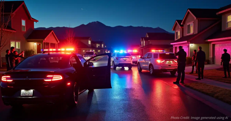 Police vehicles and officers conducting arrests in Colorado neighborhood