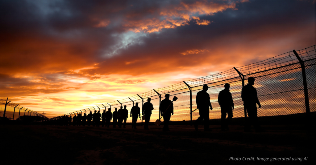 Silhouetted inmates work under a Colorado sunset, highlighting the prison labor lawsuit.
