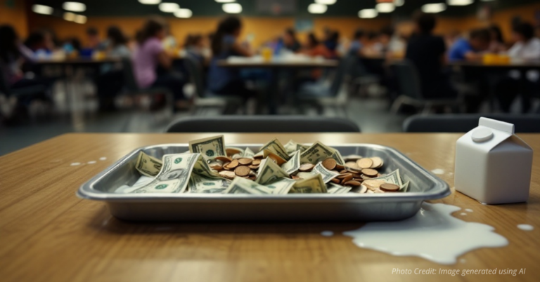 Lunch tray with money in it and spilled milk.