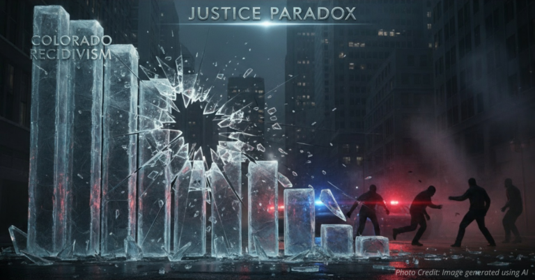 Split image of prison door and city police lights representing Colorado’s crime paradox.