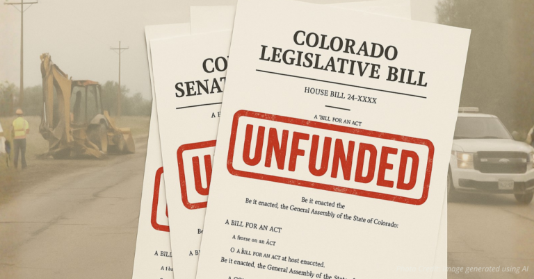 Legislative bills stamped UNFUNDED over rural scene