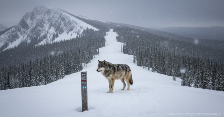 Wolf stands on snowy U.S.–Canada border symbolizing legal limits on reintroduction