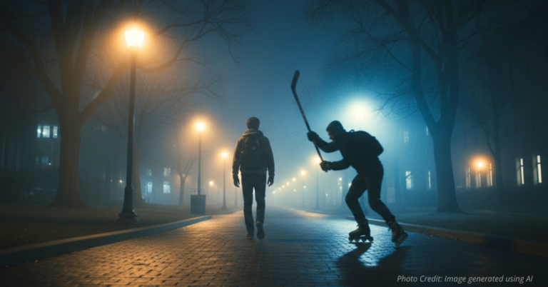 Shadow of a man with a hockey stick on CU Boulder campus walkway at night under streetlights.