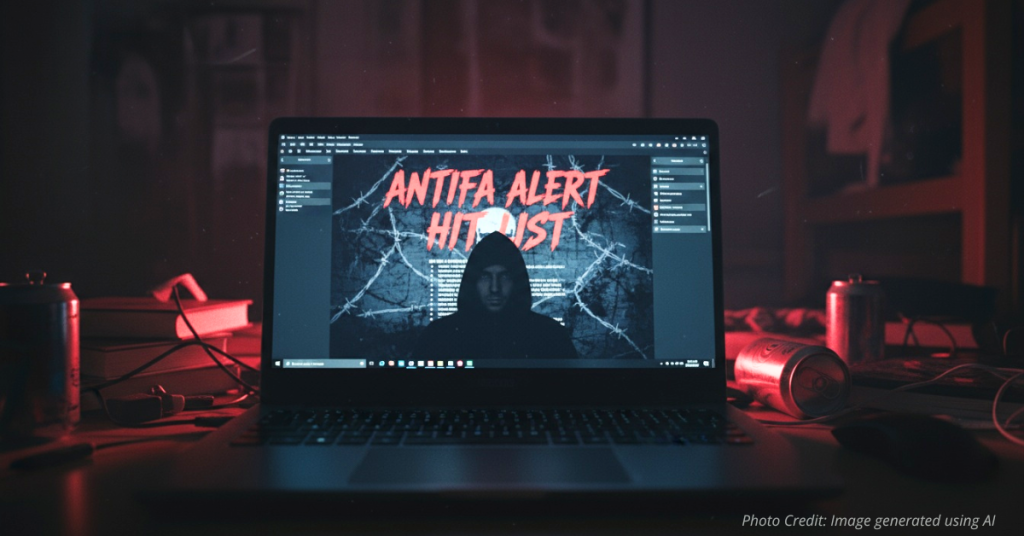 Laptop screen showing digital “hit list” poster tied to Antifa threats at CU Boulder.