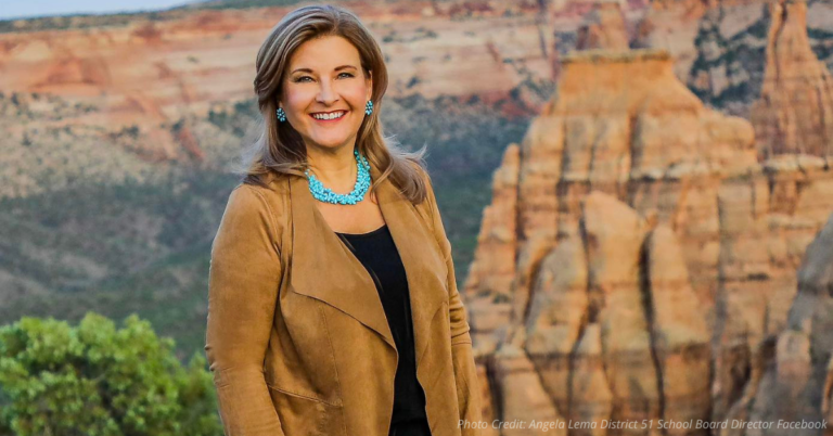 Angela Lema standing before the Colorado National Monument, representing leadership and commitment to District 51