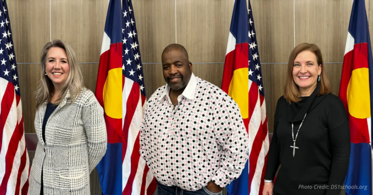 District 51 Board of Education incumbents Andrea Haitz, Will Jones, and Angela Lema